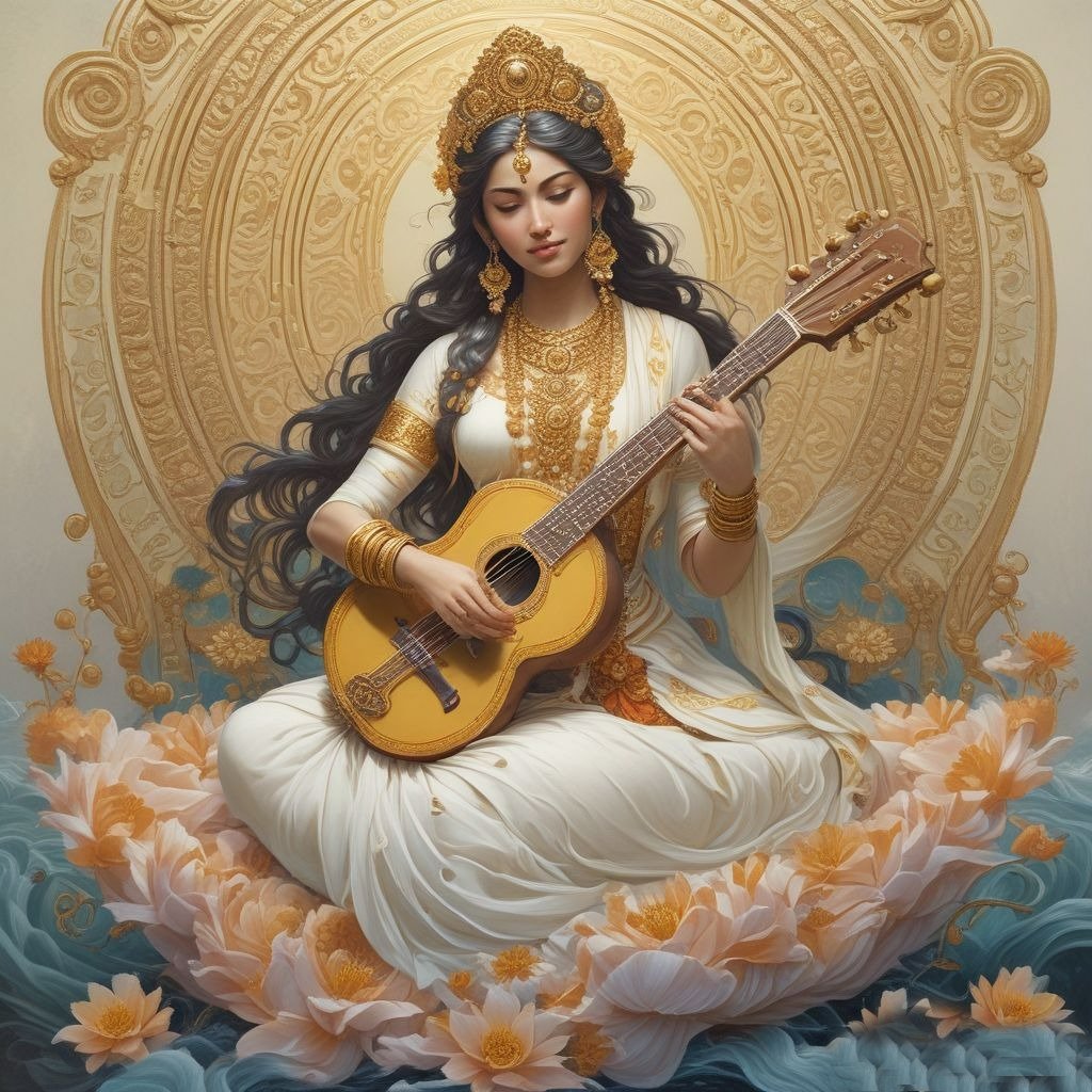 In this photo, the calm nature of Saraswati Ji is shown, in which she is sitting on a lotus flower with a Veena in her hands.
