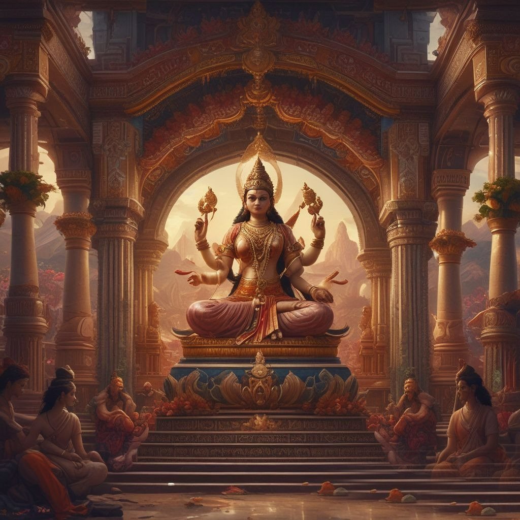 in this image, Saraswati ji seated on her throne, whom the devotees are praying to their success, in a beautifully decorated pandal.
