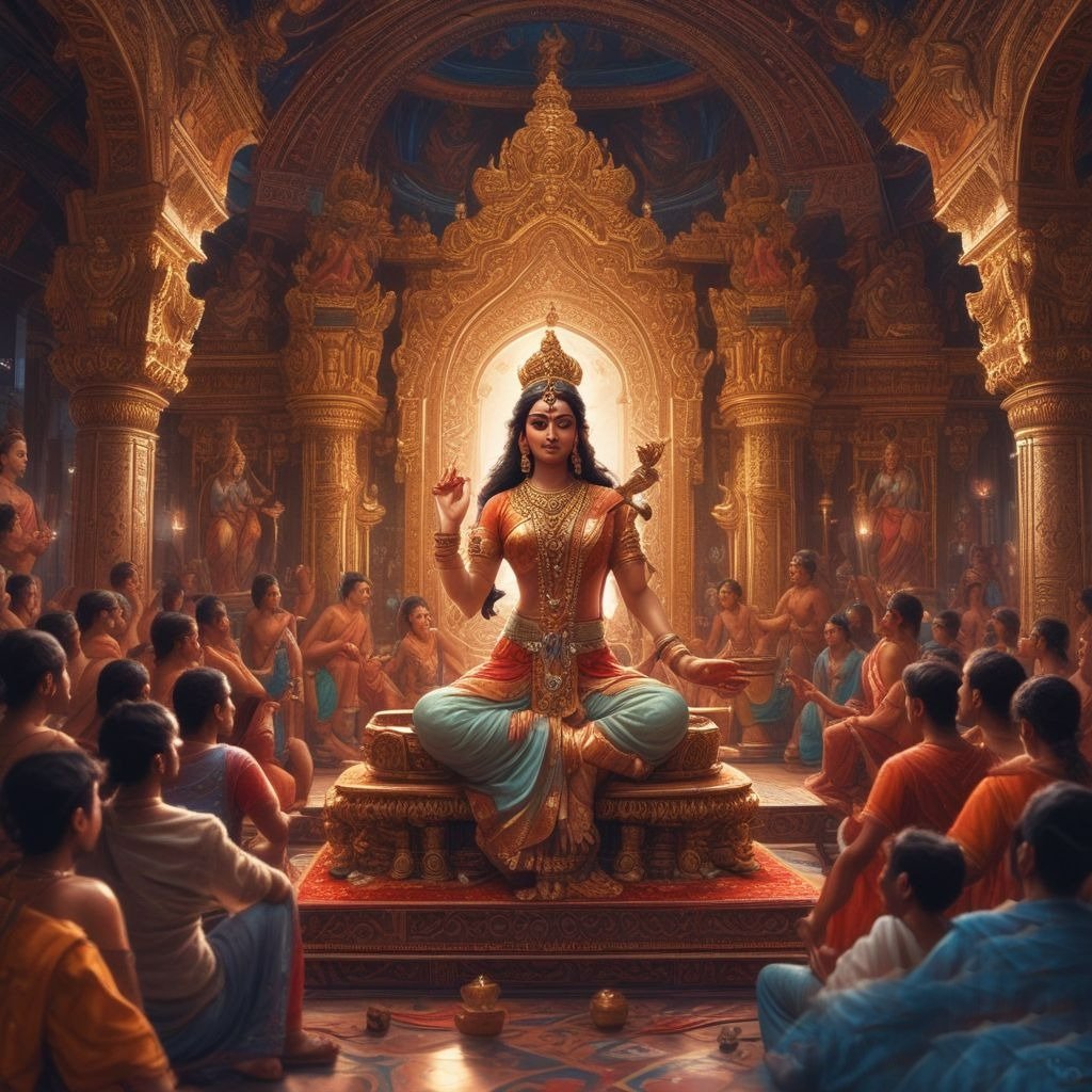 A grand Saraswati Pandal where devotees are gathered in prayer before devi Saraswati. The divine energy radiates all around, creating a serene and spiritual atmosphere filled with devotion and reverence."