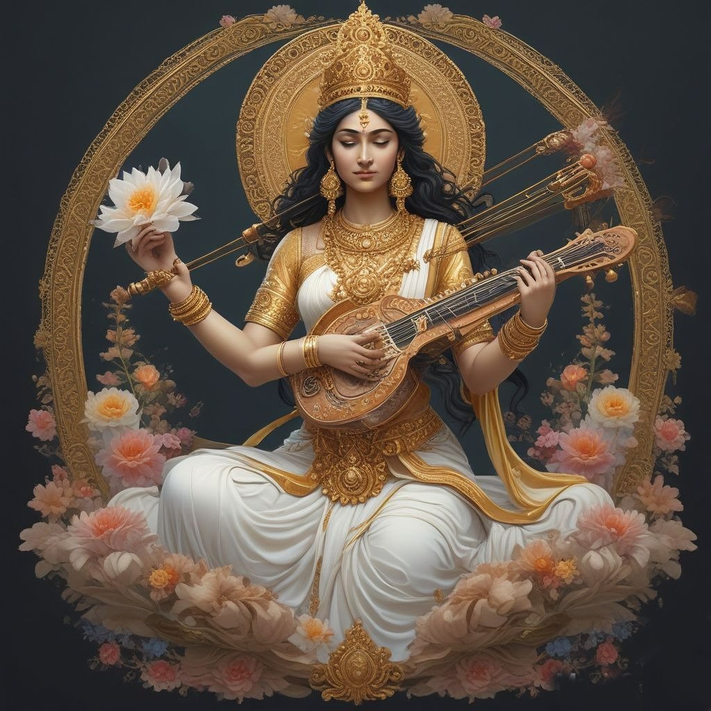 In this photo of Saraswati ji, there is a veena in her hand and in the other hand she holds a white lotus flower.
