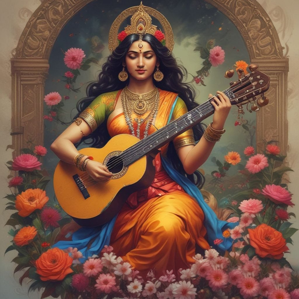 This is a colourful drawing of Saraswati Mata wearing a yellow saree and holding a Veena in her hands.