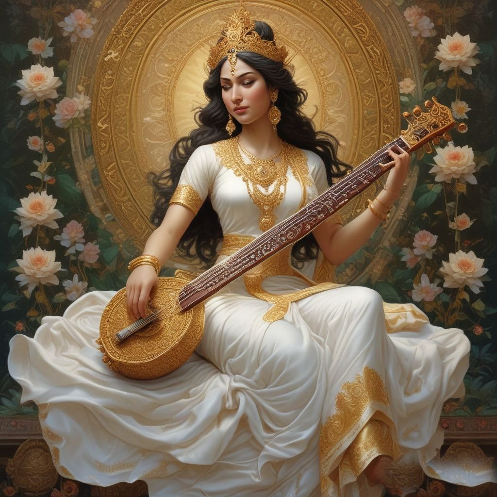 In this photo, Saraswati ji is seen wearing a white saree, her long hair is open and she is sitting on a lotus flower with a veena in her hands.
