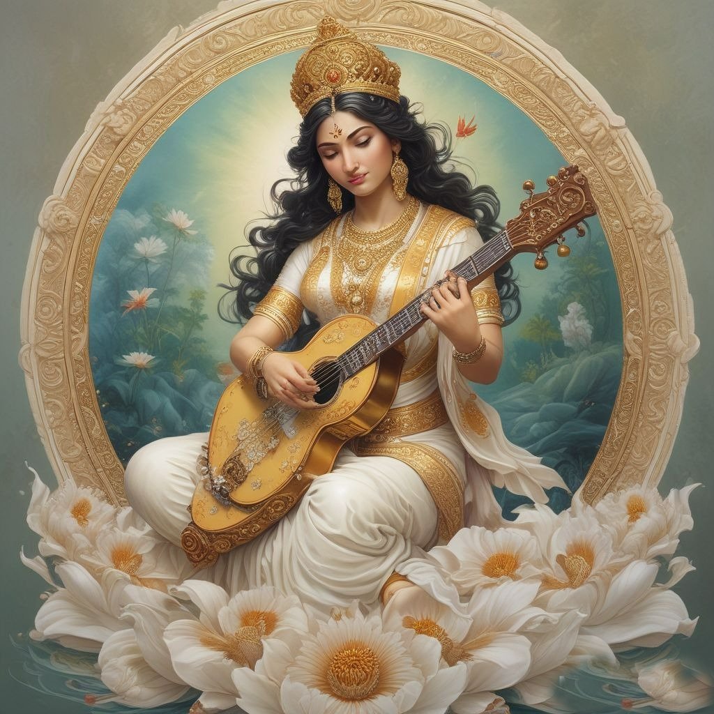In this photo of Saraswati ji, there is a veena in her hand and devi saraswati is seat on lotus flower.

