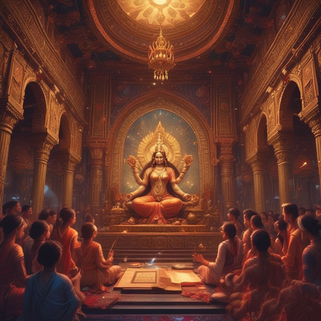 In the photo, maa Saraswati is sitting on her seat wearing a yellow saree, in front of whom the devotees are praying to the mata for their happy life.