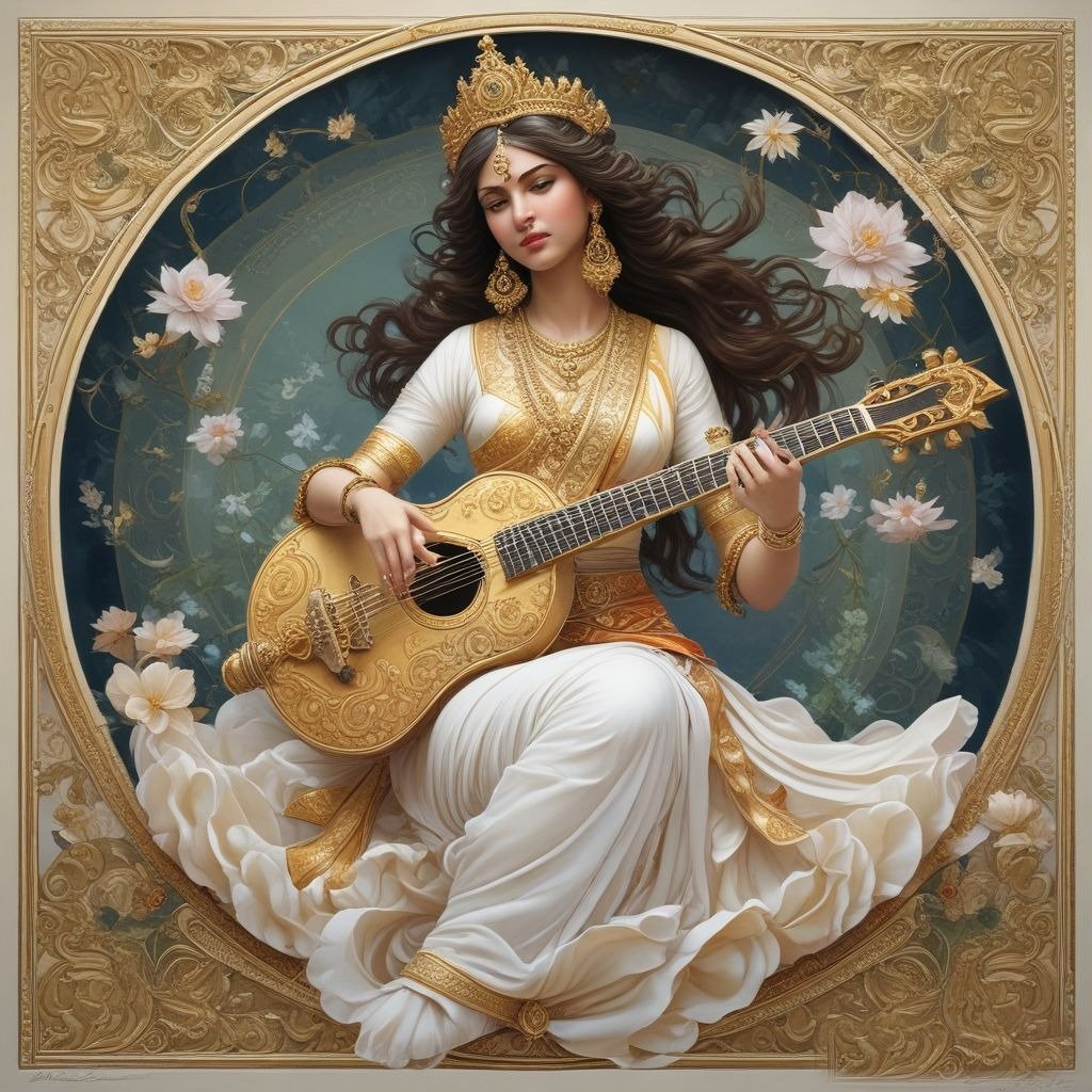 In this photo, Devi Saraswati is wearing a white saree and gold jewellery with a veena in her hand.