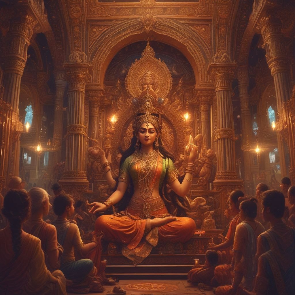 Goddess Saraswati, dressed in a white saree, seated gracefully on her divine seat. The beautifully decorated Saraswati Pandal radiates a serene and divine aura.
