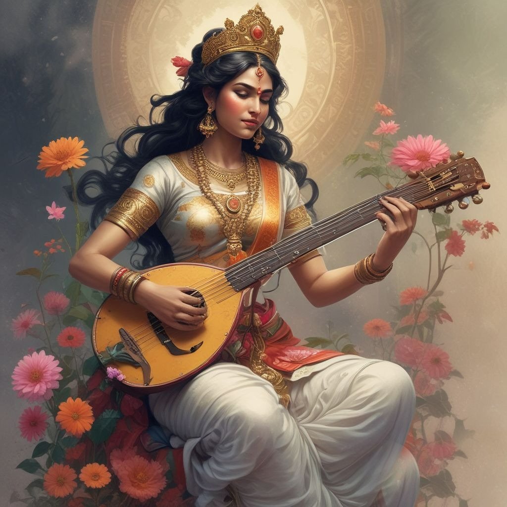 A colorful drawing of Goddess Saraswati with open hair, gracefully holding a veena, symbolizing wisdom, knowledge, and pure energy.
