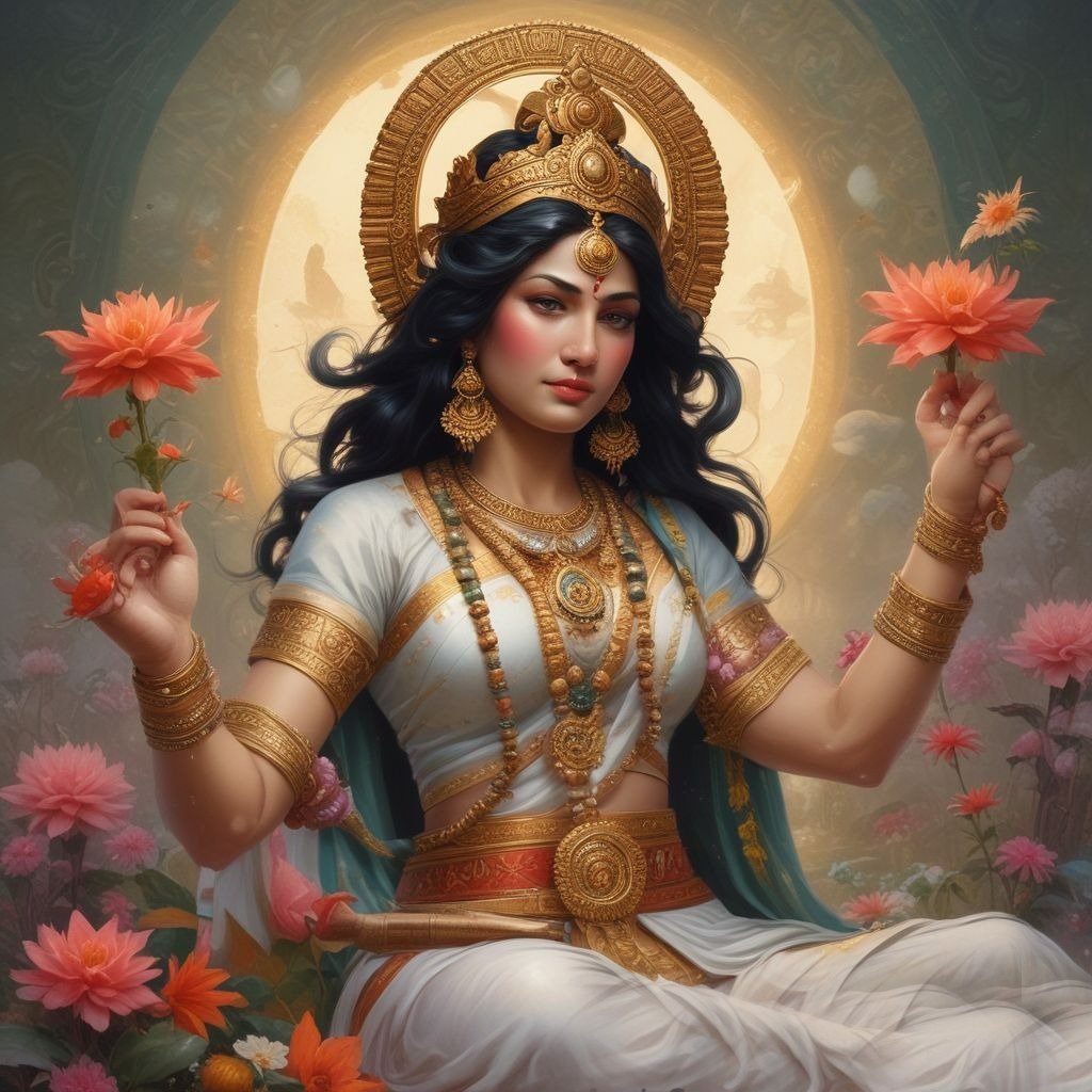 In this drawaing of Saraswati ji, there is a lotus flower in her both hand.
