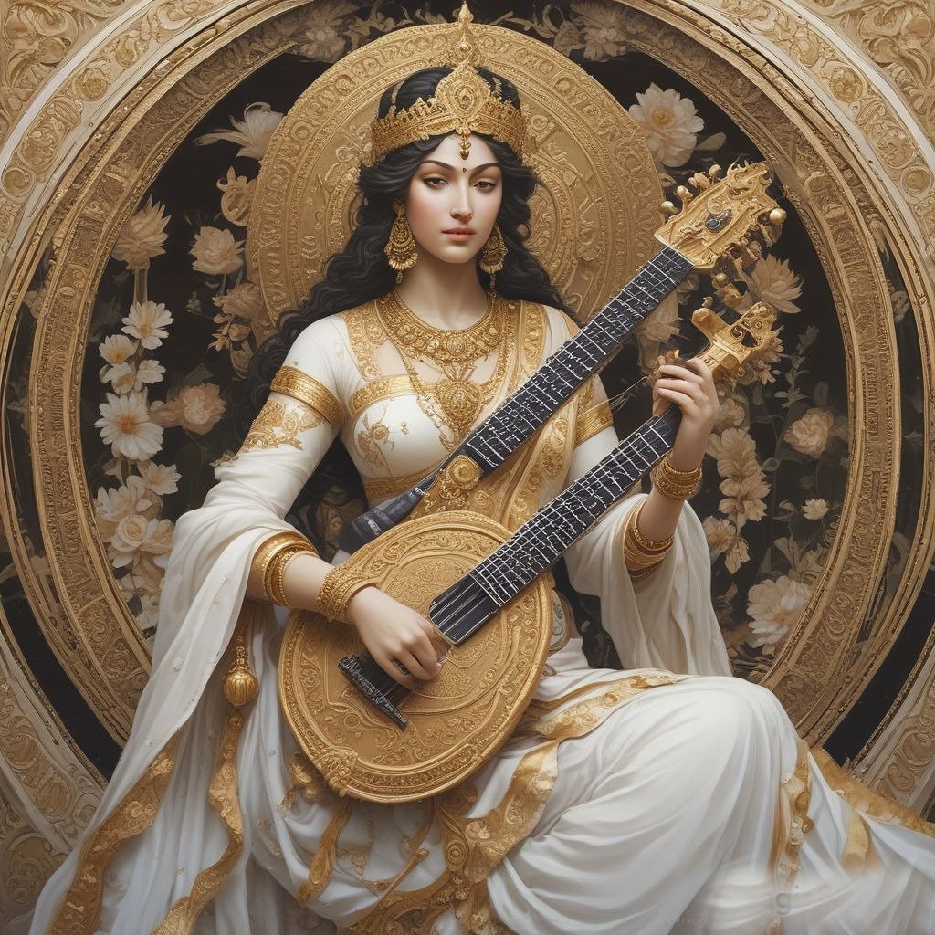 In this photo, Devi Saraswati is wearing a white sari and sitting on a lotus flower. She is also holding a Veena in her hands.
