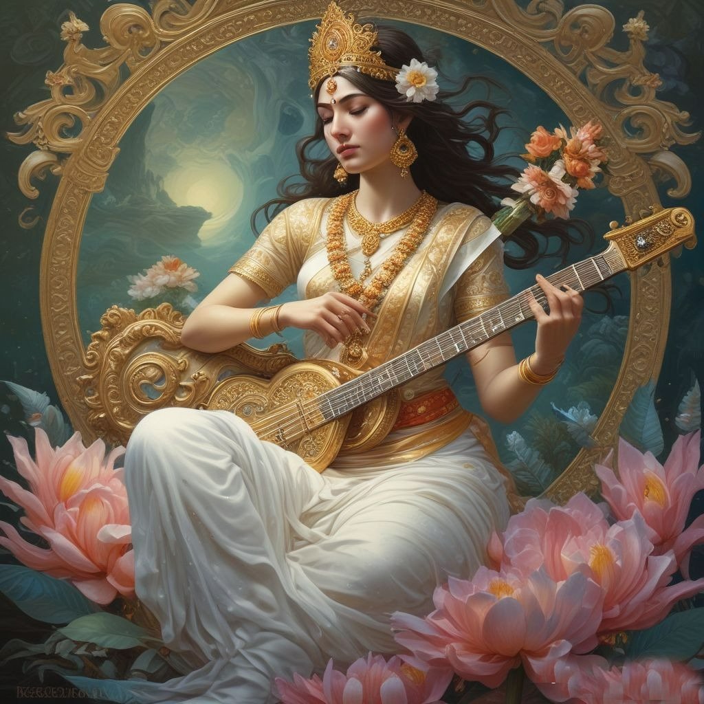 In this photo, Devi Saraswati is wearing a white sari and sitting on a lotus flower.