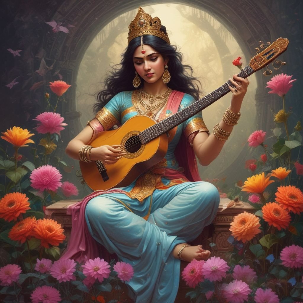 In this drawing, the calm nature of Saraswati Ji is shown, who holds a veena in his hands.