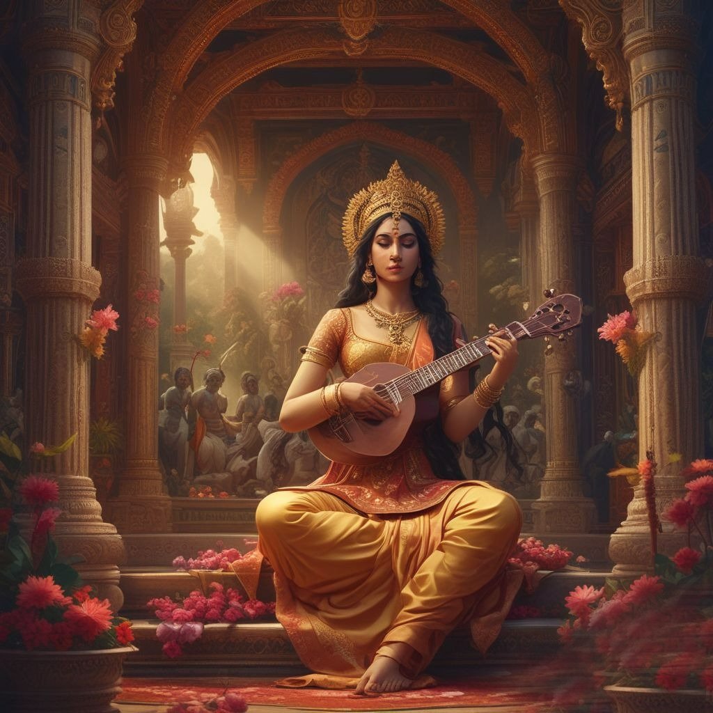 In this photo, the calm nature of Saraswati Ji is shown, in which she is sitting on his seat with a Veena in her hands.