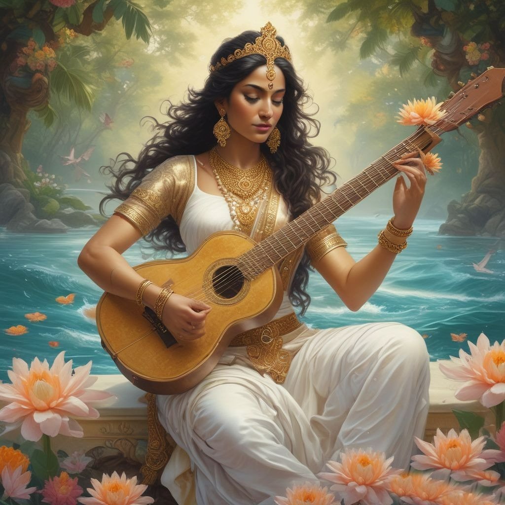 In this photo of Saraswati ji, there is a veena in her hand.