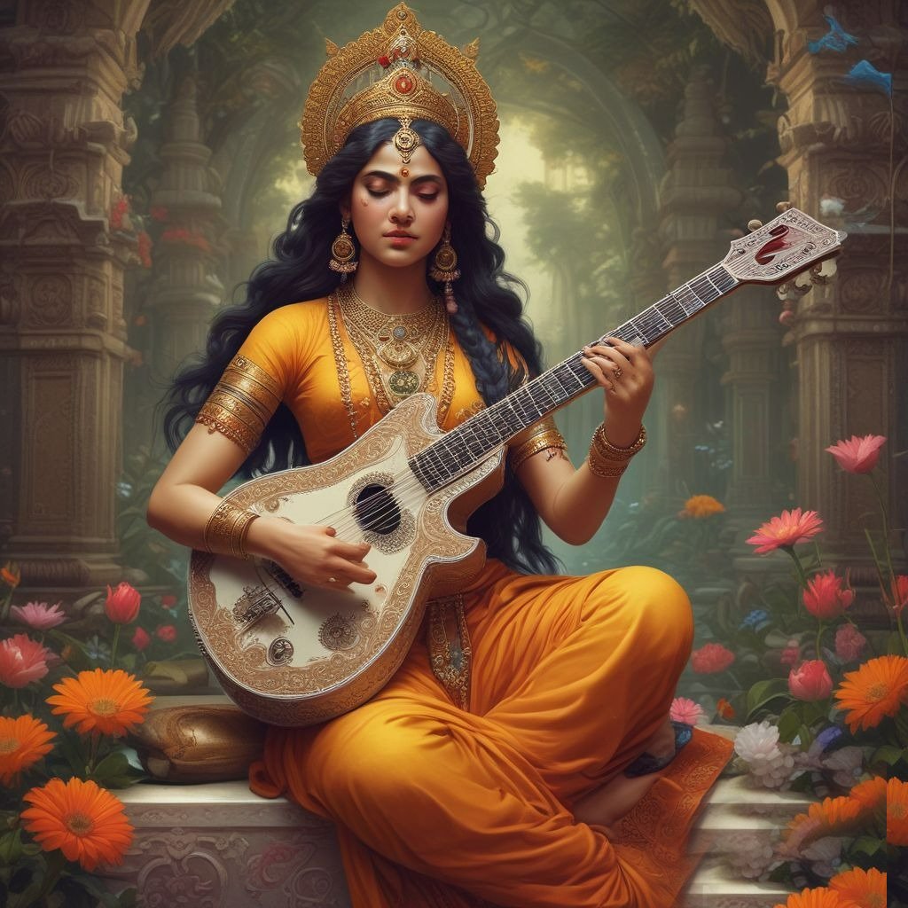 This is a colourful drawing of Saraswati Mata wearing a yellow saree and holding a Veena in her hands.