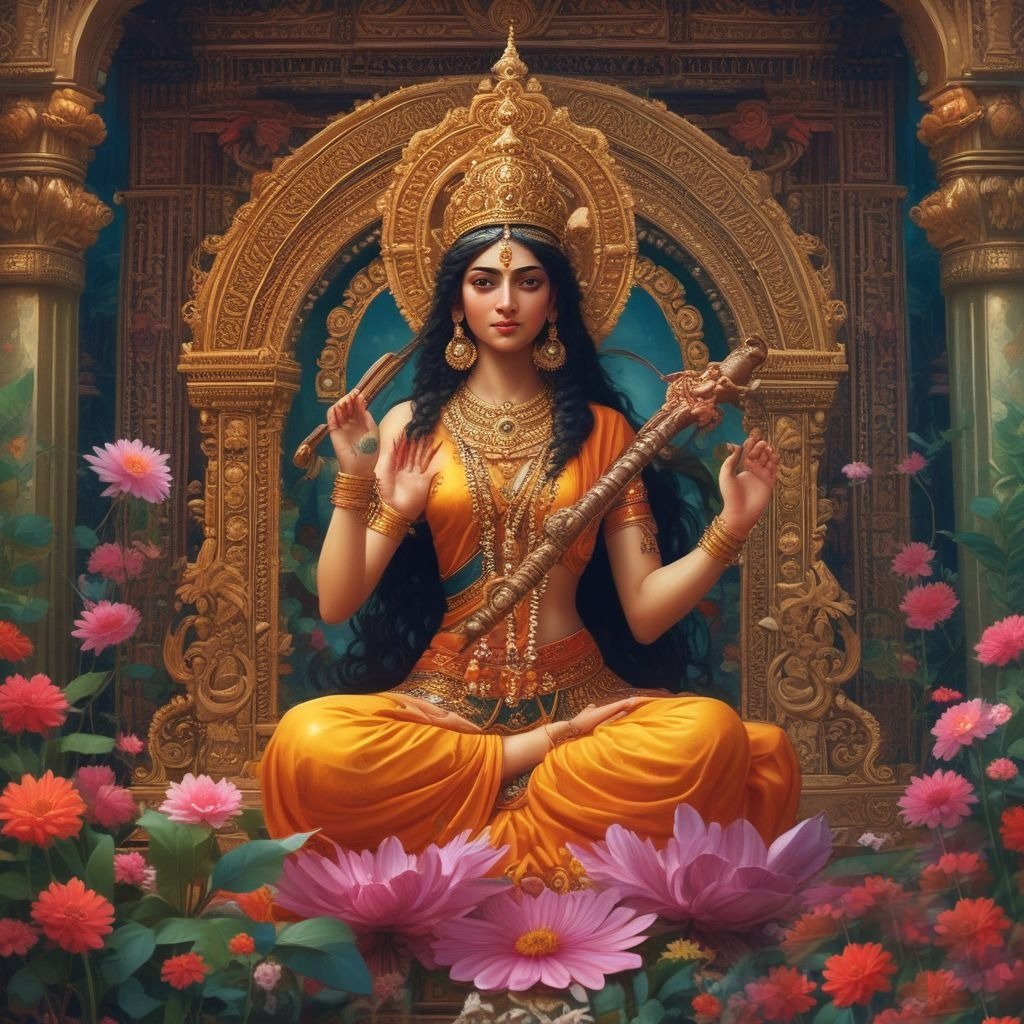 In this photo, the calm nature of Saraswati Ji is shown, in which she is sitting on a lotus flower with a Veena in her hands.