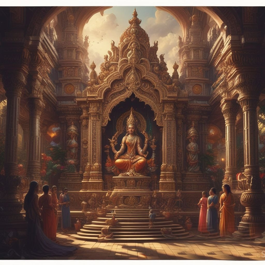 In the picture, Goddess Saraswati is sitting on her seat in a large gathering in front of whom all the devotees are stand with folded hands.