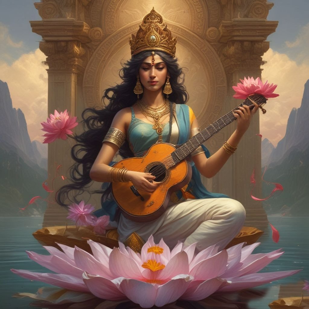 In this photo of Saraswati ji, there is a veena in her hand and devi saraswati is seat on lotus flower.
