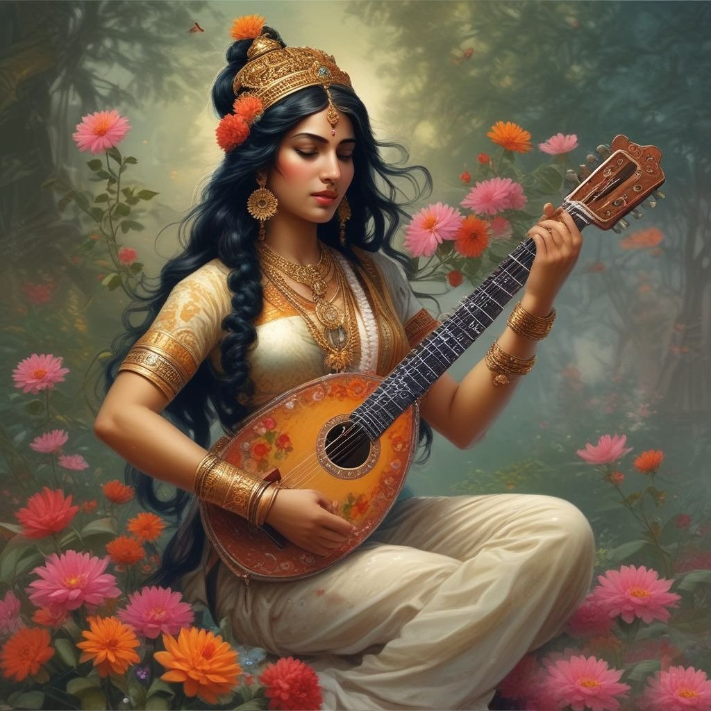 Devi Saraswati in a white saree, gracefully holding a veena in her hands, depicted in a beautifully detailed drawing symbolizing wisdom and music.
