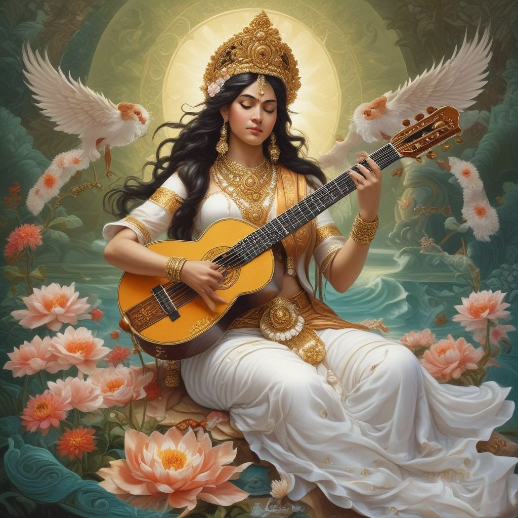 In this photo, Saraswati ji is seen wearing a white saree, her long hair is open and she is sitting on a Posture with a veena in her hands.
