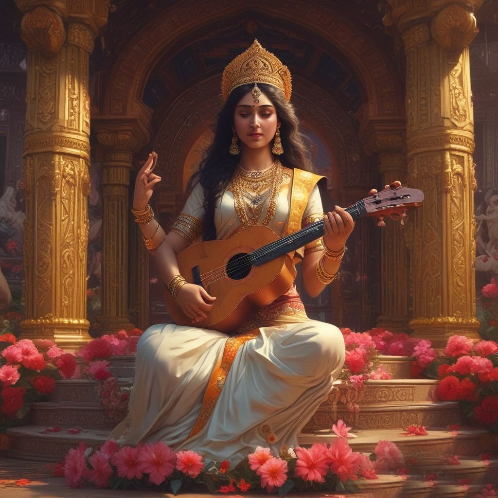 In this picture of Saraswati ji, she is wearing a white saree, sitting on his divine thorns with a Veena in her hands and lotus flowers are scattered around her.
