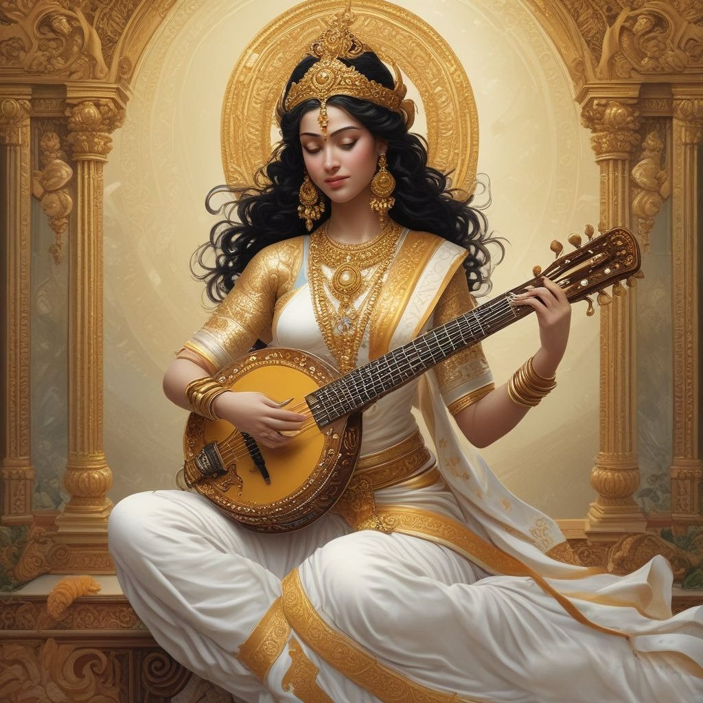 In this photo, Devi Saraswati is wearing a white sari and sitting on a lotus flower. She is also holding a Veena in her hands.
