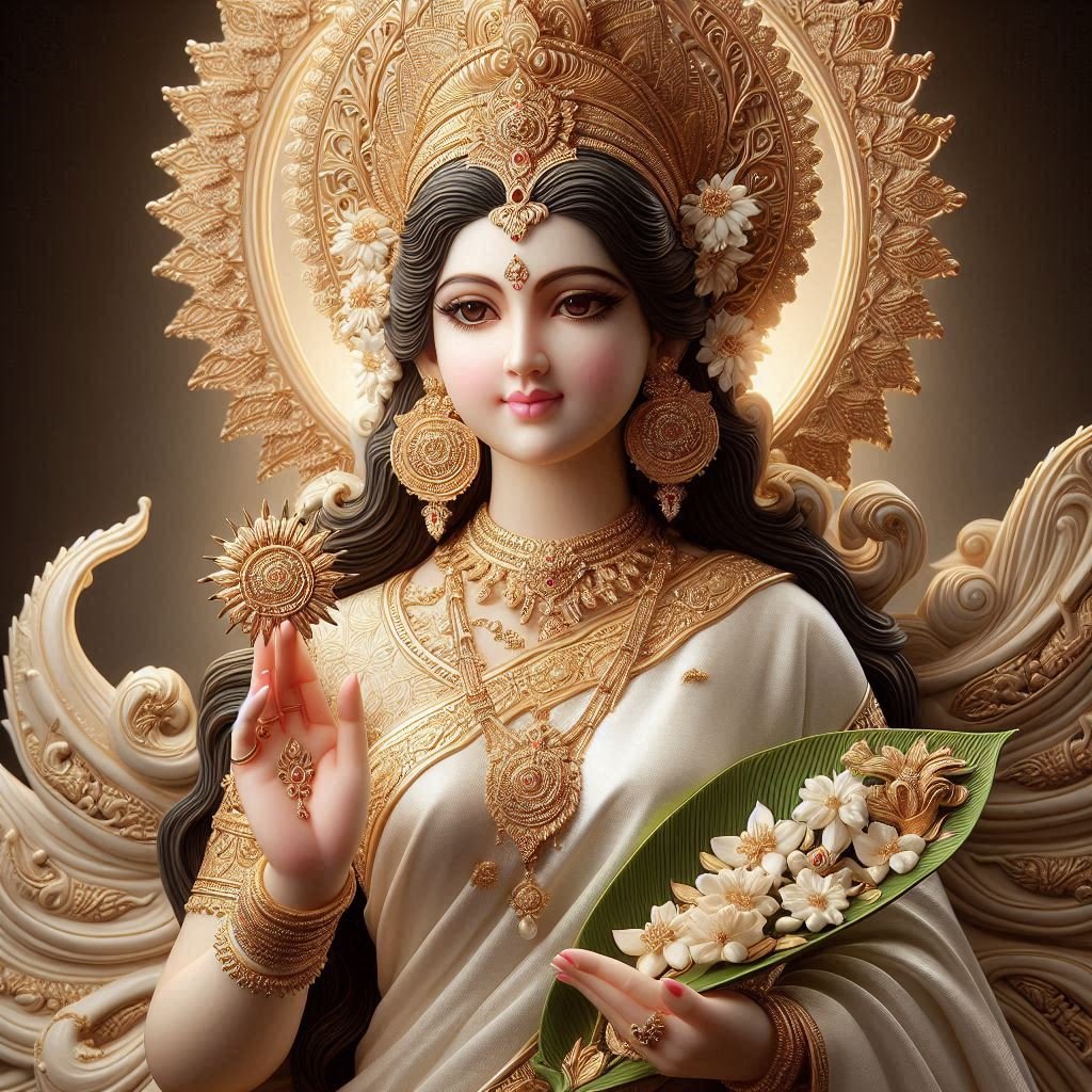 In this photo of Saraswati ji, there is a flower in her hand.
