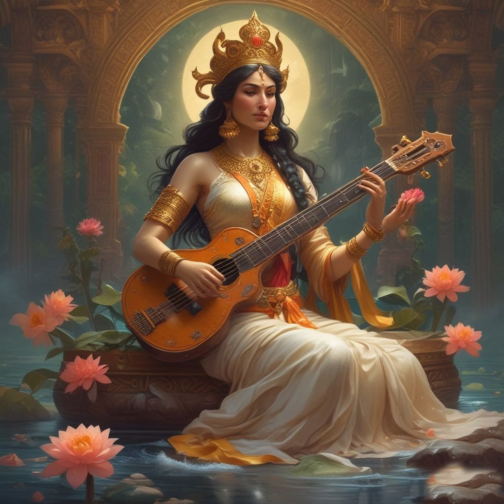 In this photo of Sarwati ji, she is wearing a white saree, sitting on a stone with a veena in her hands and lotus flowers all around her.