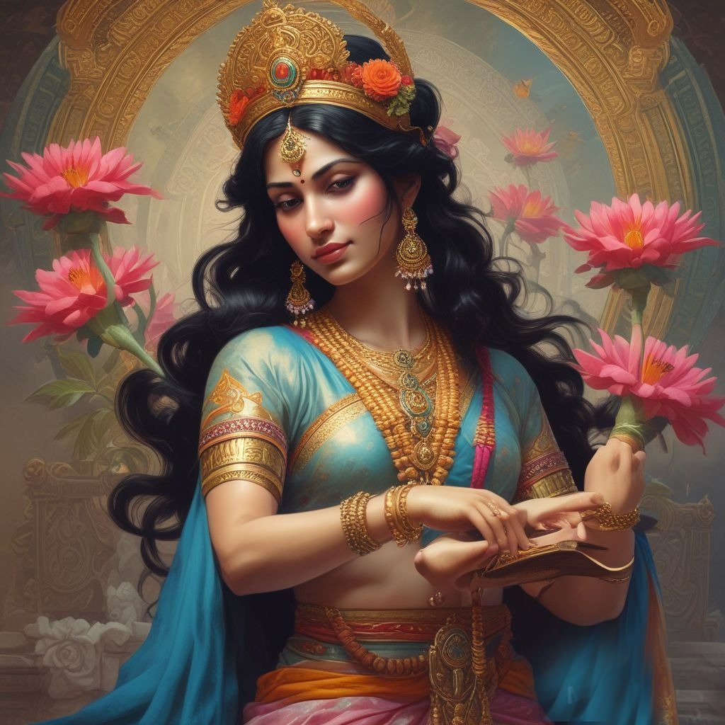 A beautifully illustrated drawing of Goddess Saraswati, depicting her serene and divine form, symbolizing wisdom, music, and knowledge.
