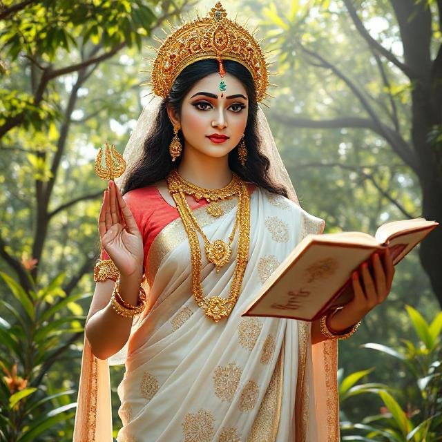 In this photo of Saraswati ji, there is a book in her hand And in the other hand she holds a trident.