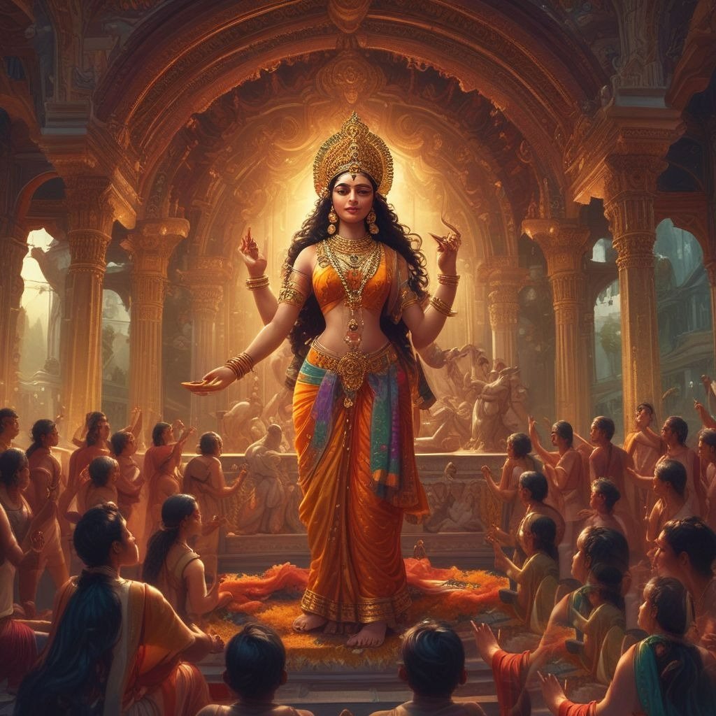 This image shows a big and divine idol of the devi sarawati, in front of whom the devotes ara gathring and preying for their happy life.