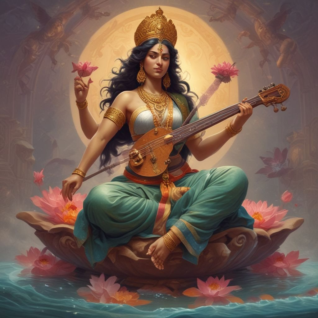 In this photo, the divine form of Saraswati Ji is shown, in which she is sitting on a lotus flower with a Veena in her hands.