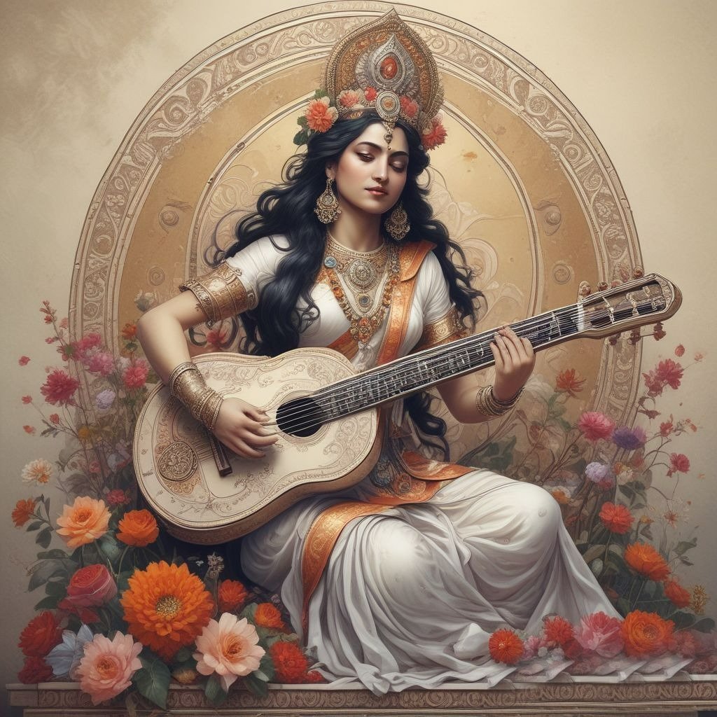 Devi Saraswati, dressed in a white saree, gracefully seated on her throne, holding a veena in her hands. A beautifully sketched drawing capturing her divine and serene presence.