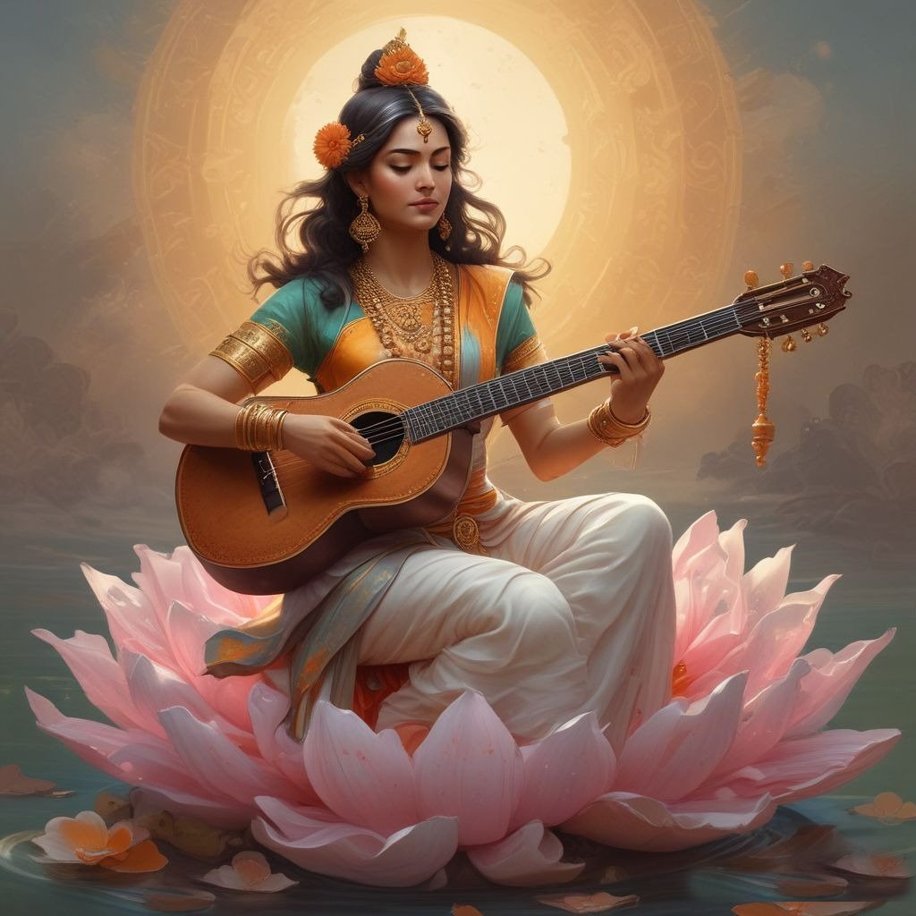 In this photo, Devi Saraswati is wearing a white sari and sitting on a lotus flower. She is also holding a Veena in her hands.
