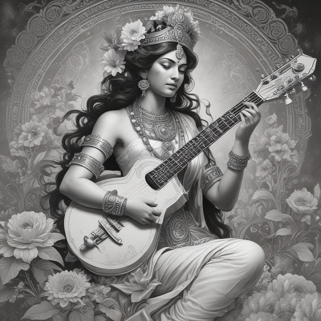 A black and white drawing of Saraswati ji holding a veena, beautifully depicting her divine grace, wisdom, and musical essence.