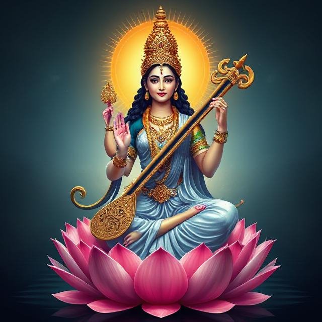 In this photo of Saraswati ji, there is a veena in her hand and devi saraswati is seat on lotus flower.