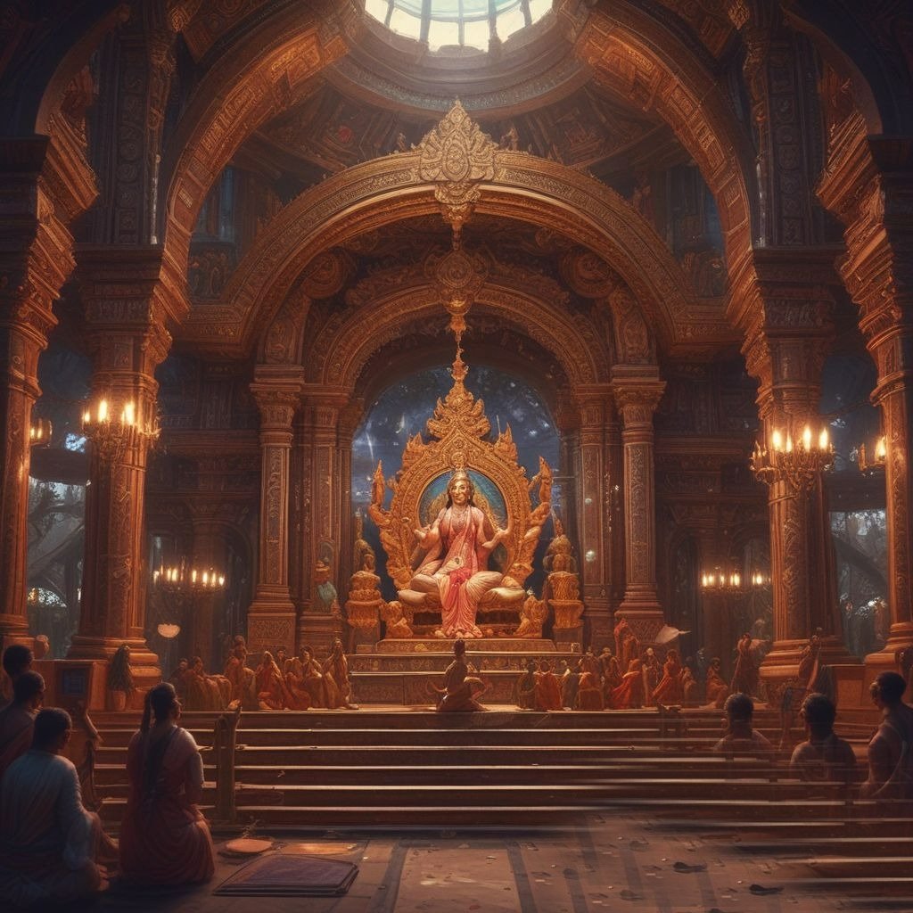 In the picture, Goddess Saraswati is sitting on her throne in a large gathering in front of whom all the devotees are sitting with folded hands.