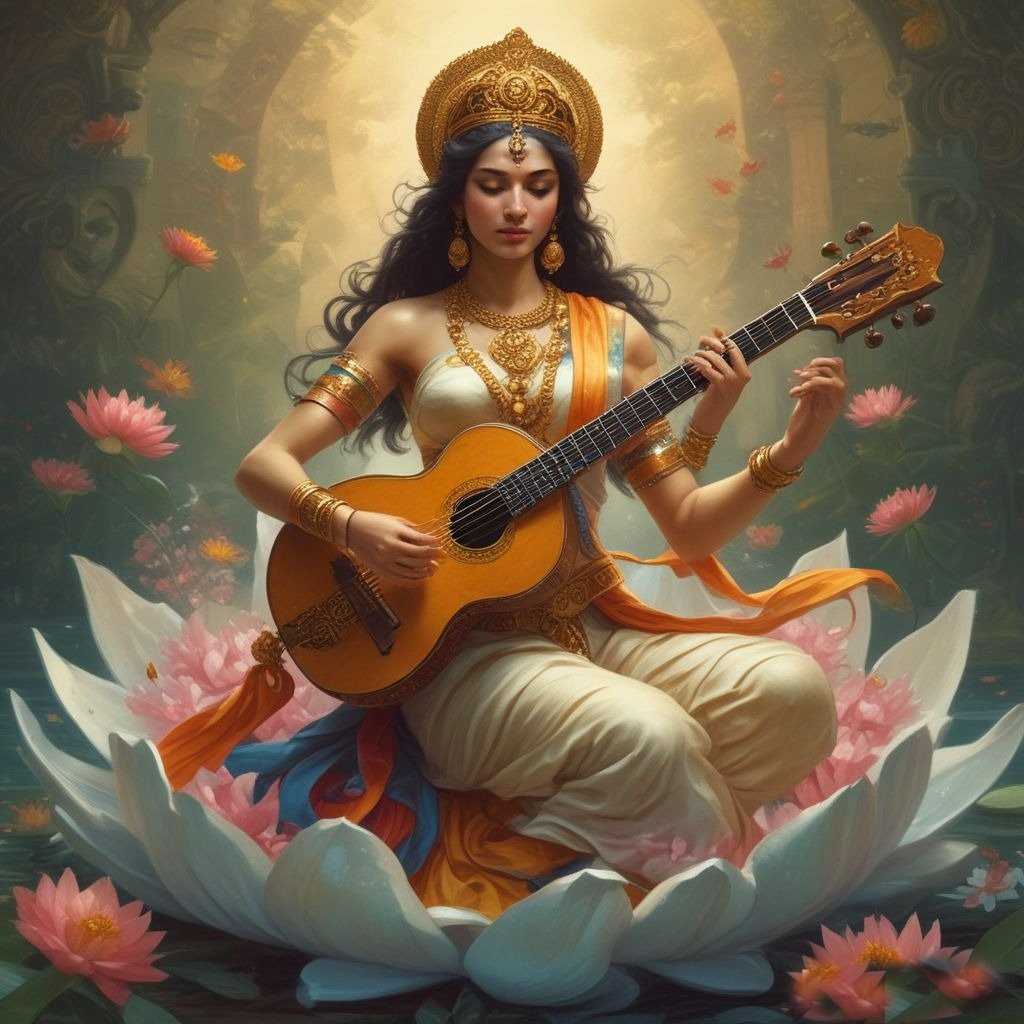In this photo, Devi Saraswati is seen wearing a white saree, in which she is sitting on a white lotus flower with a veena in her hands.
