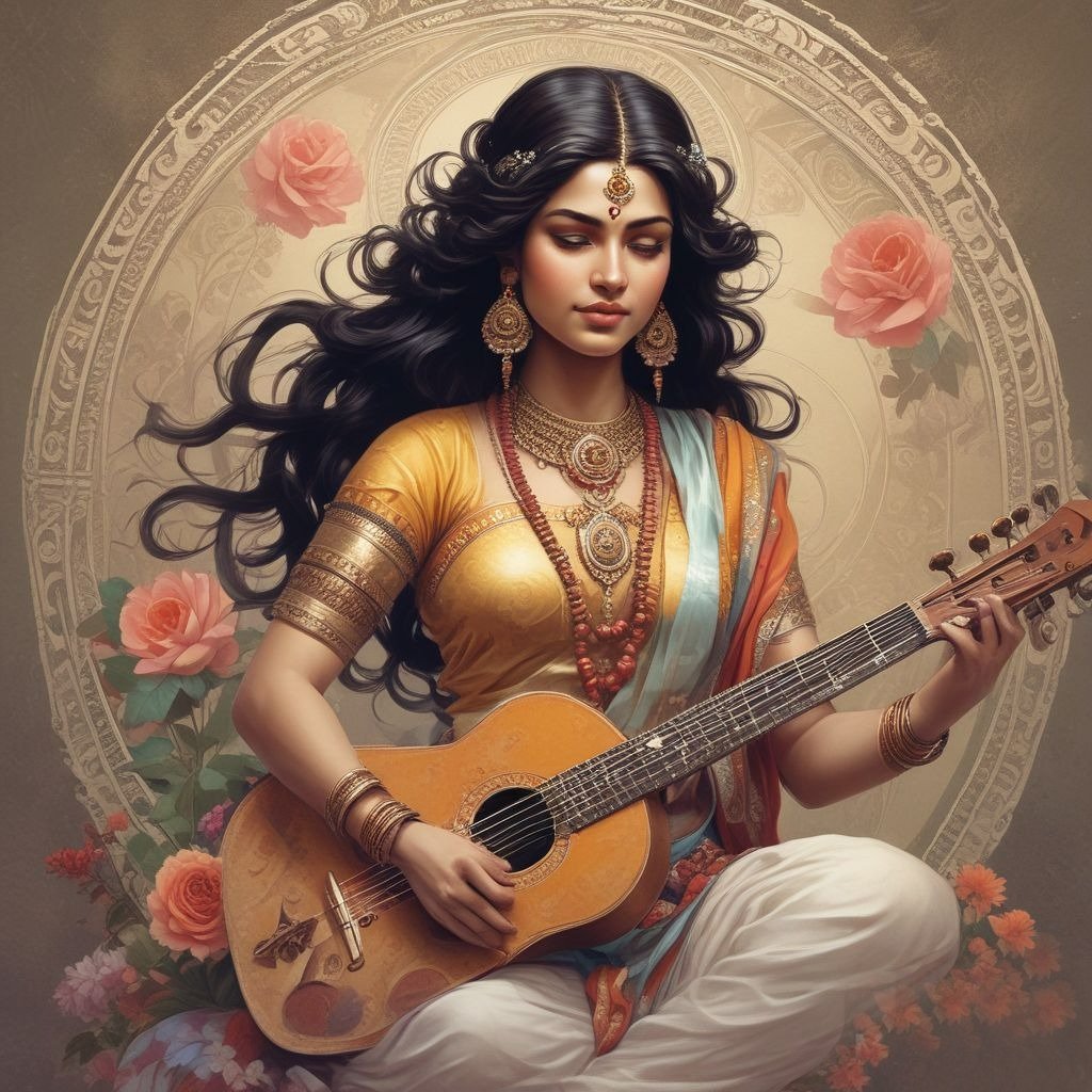 A vibrant drawing of Goddess Saraswati with flowing hair, holding a veena, radiating wisdom, knowledge, and divine grace.