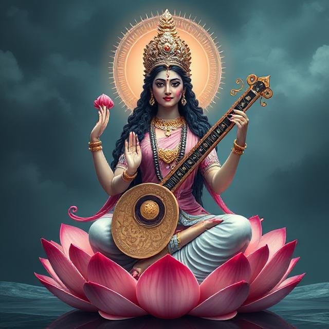 In this photo of Saraswati ji, there is a veena in her hand and a lotus flower in the other and is sitting on a lotus flower.