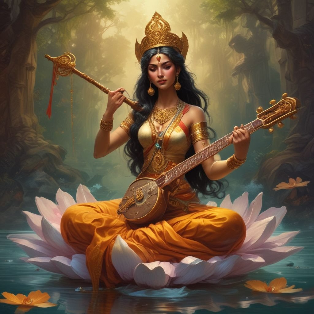 In this photo of Saraswati ji, there is a veena in her hand And in the other hand she holds a Spear.
