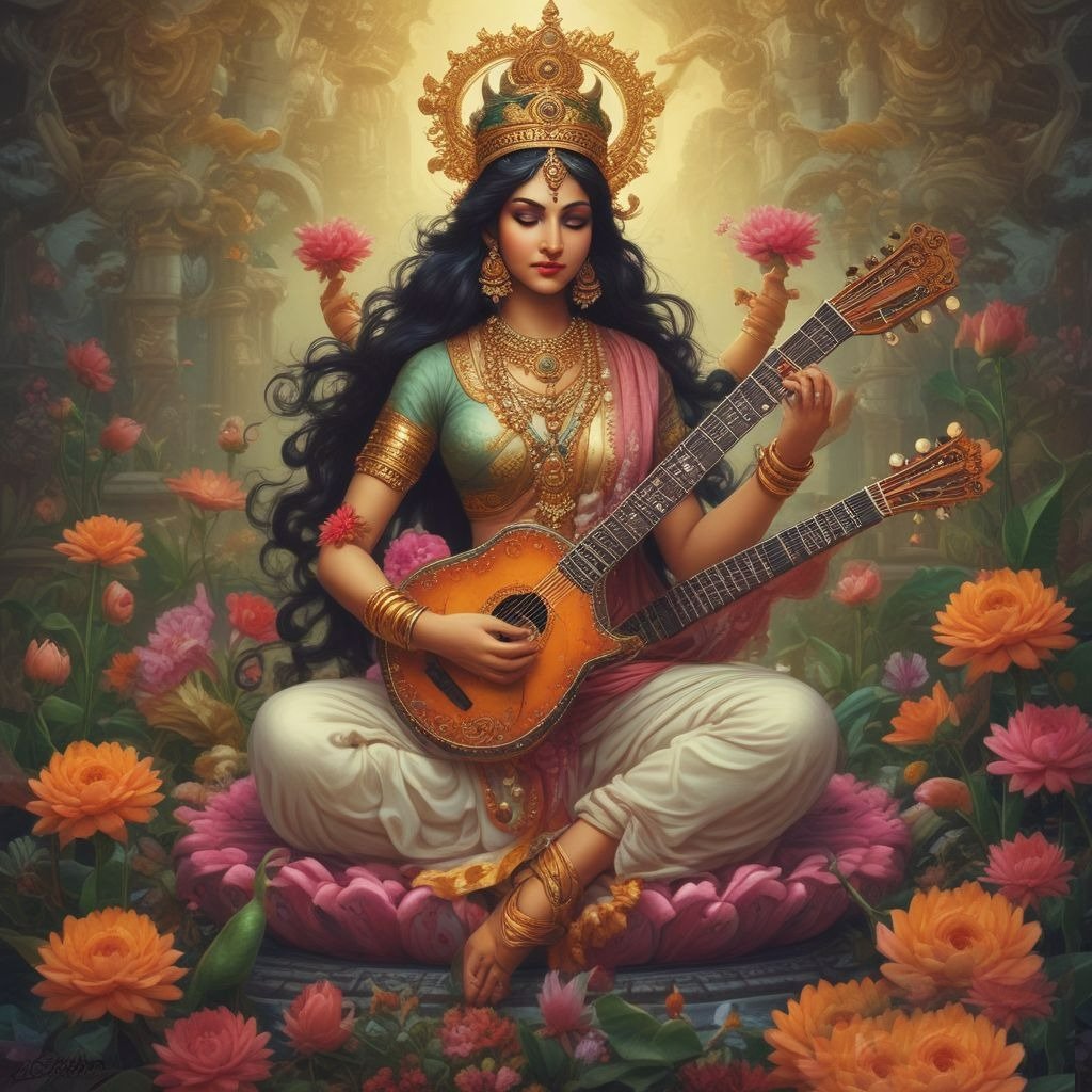 In this drawing, Devi Saraswati is seen wearing a white saree, in which she is sitting on a lotus flower with a veena in her hands.
