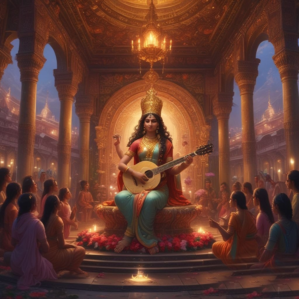 An image of Maa Saraswati in a white saree, gracefully seated in a beautifully decorated pandal. Devotees are seen performing puja and reciting prayers with reverence. A divine aura radiates around the scene, enhancing the spiritual atmosphere, symbolizing the goddess's blessings of wisdom and knowledge.