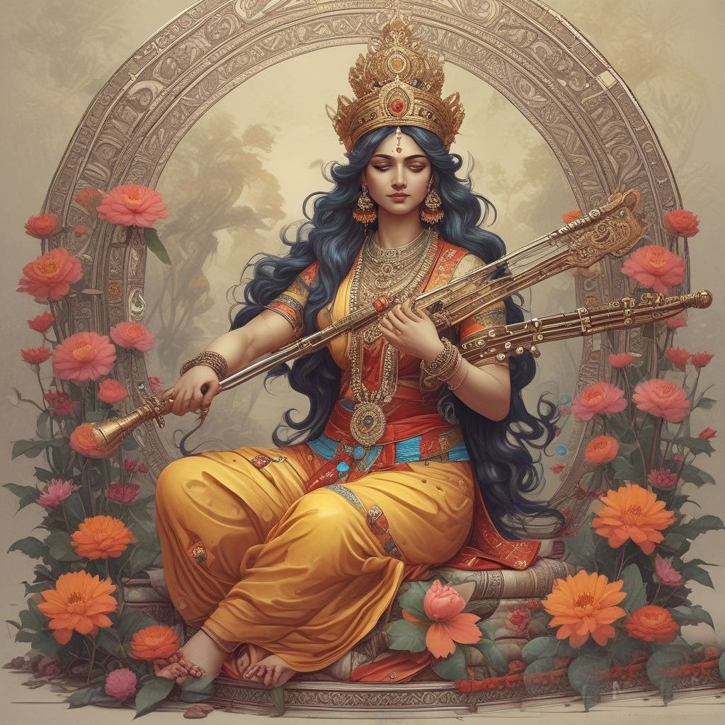 A colorful drawing of Goddess Saraswati seated on her throne, wearing a yellow saree, radiating wisdom, knowledge, and divine grace.