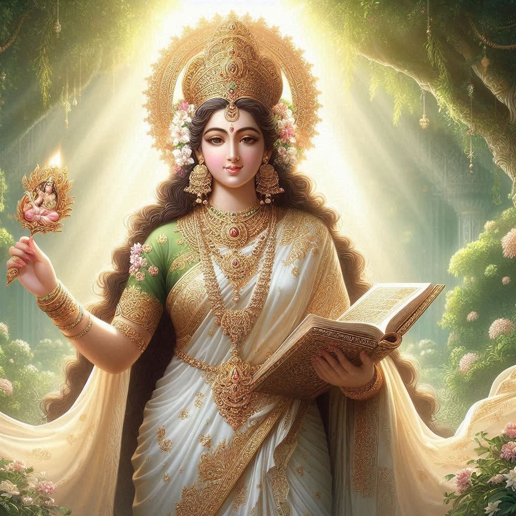 In this photo of Saraswati ji, there is a book and flower in her hand.