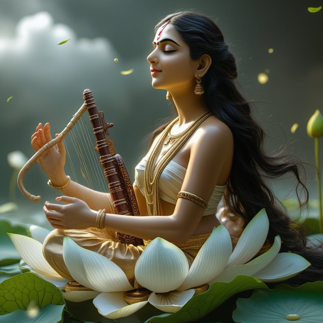 In this beautifull picture of Saraswati ji, there is a veena in her hand and devi saraswati is seat on lotus.