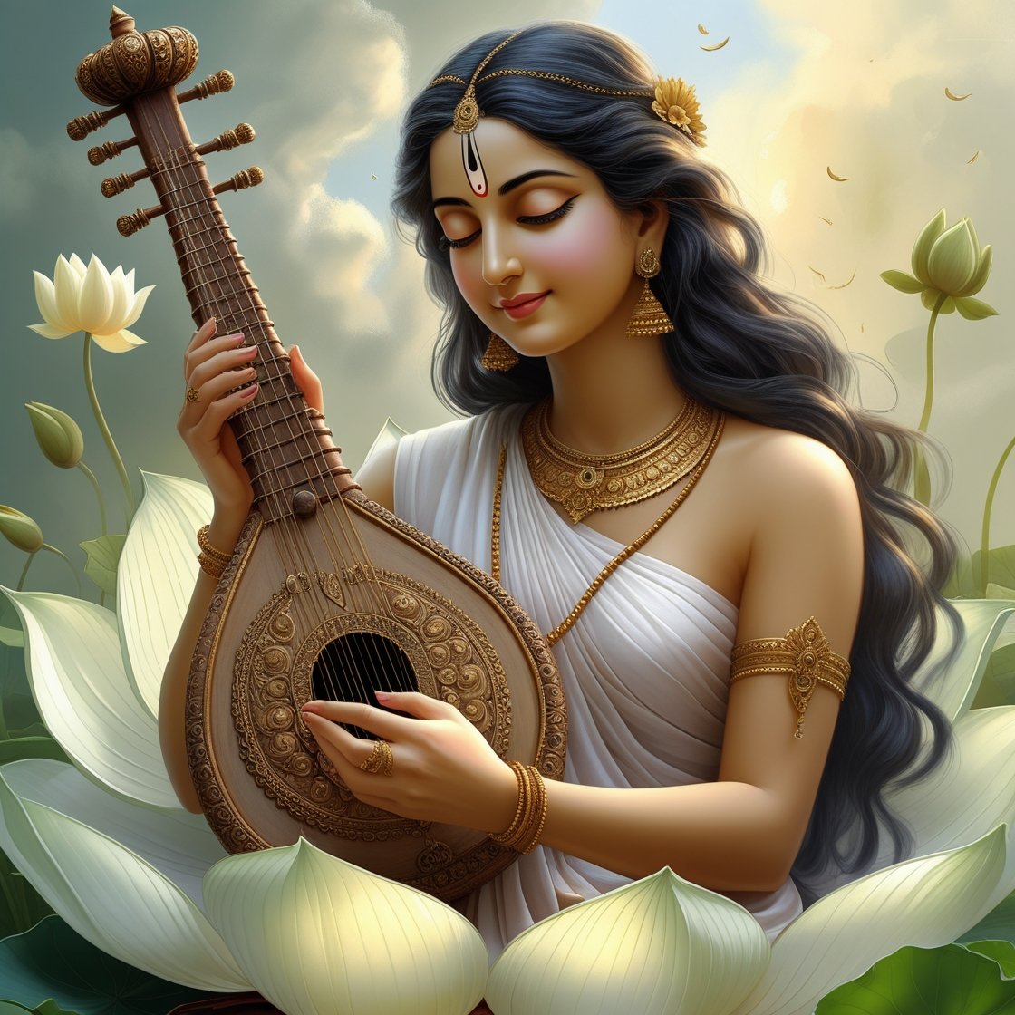 In this beautifull picture of Saraswati ji, there is a veena in her hand and devi saraswati is seat on lotus.
