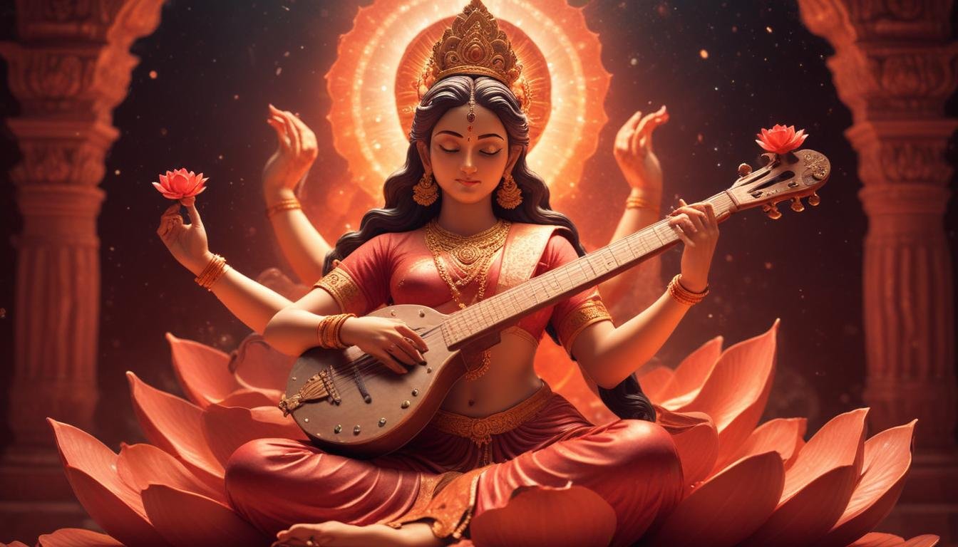 In this beautifull picture of Saraswati ji, there is a veena and flower in her hand and devi saraswati is seat on lotus.