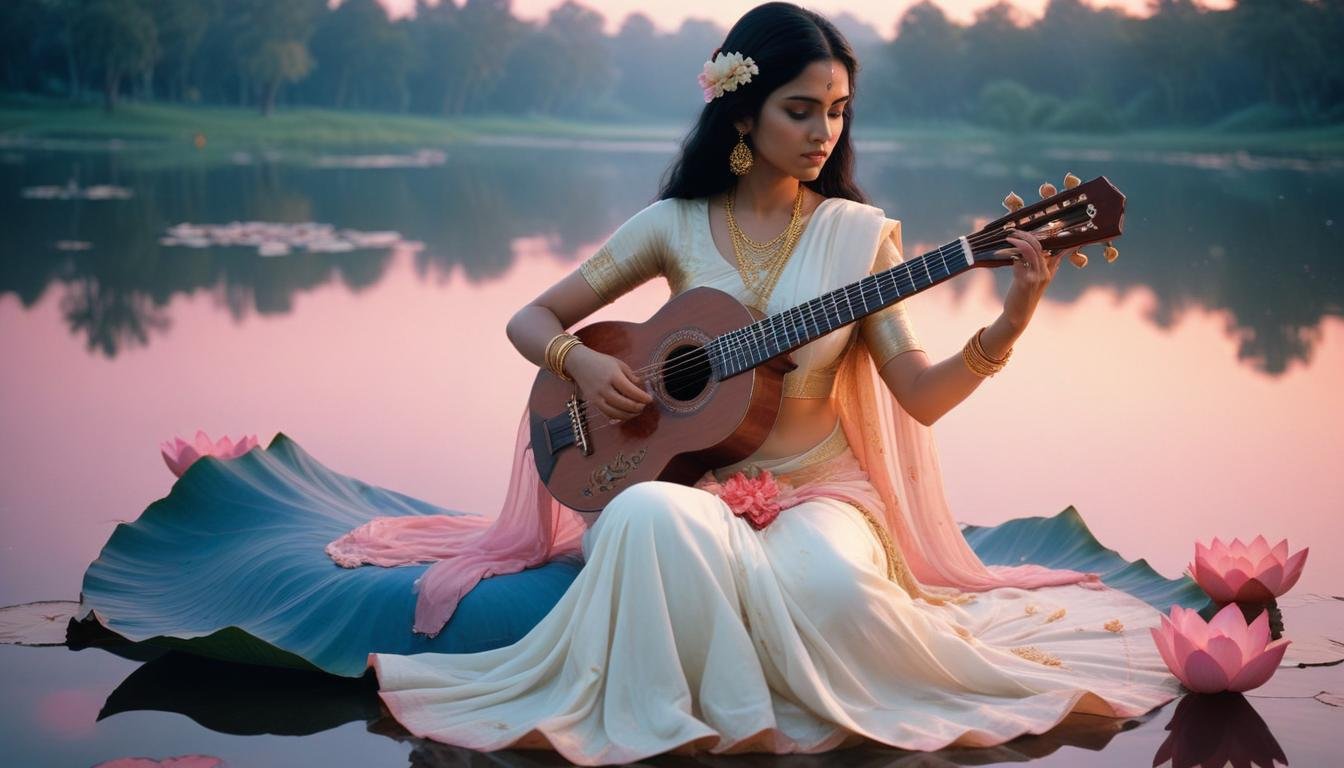 In this beautifull picture of Saraswati ji, there is a veena in her hand and devi saraswati is seat on lotus.