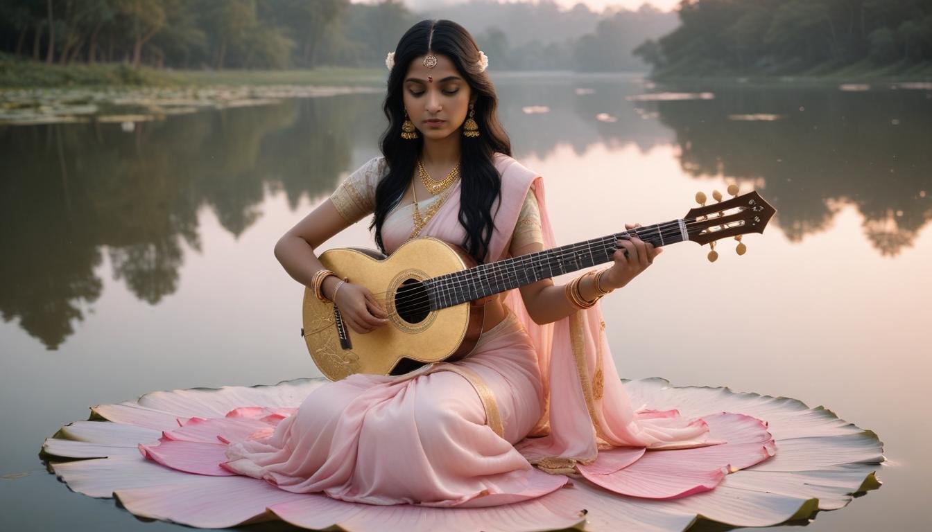 In this beautifull picture of Saraswati ji, there is a veena in her hand and devi saraswati is seat on lotus.