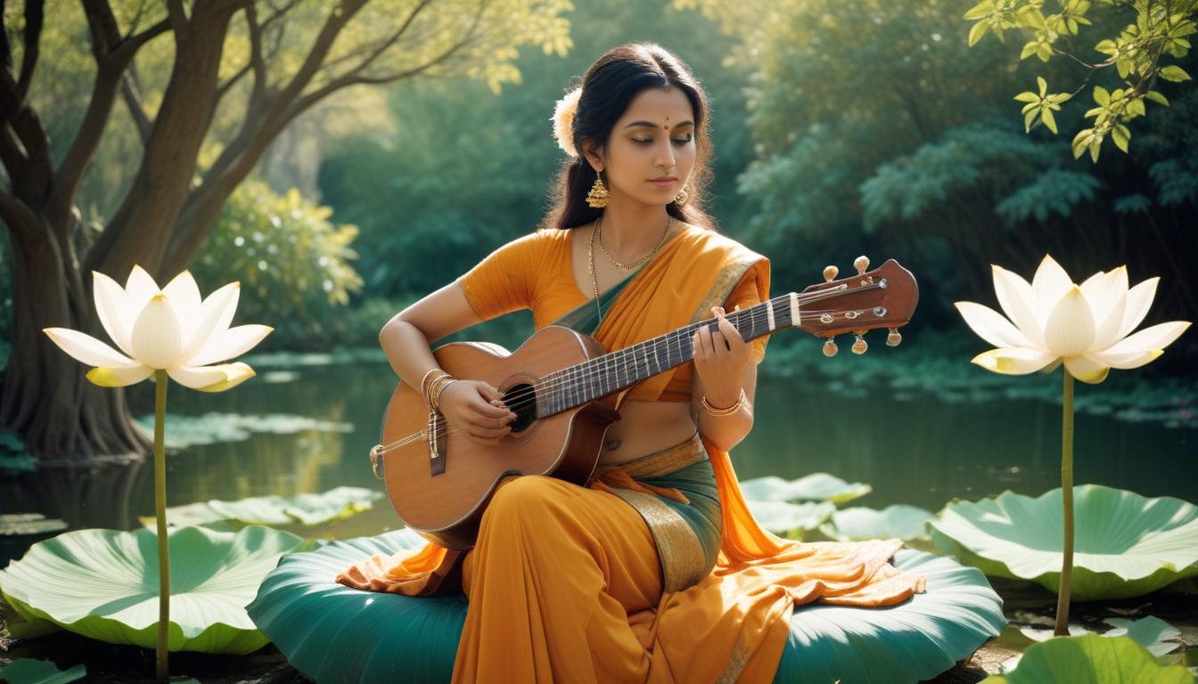 In this beautifull picture of Saraswati ji, there is a veena in her hand and devi saraswati is seat on lotus.